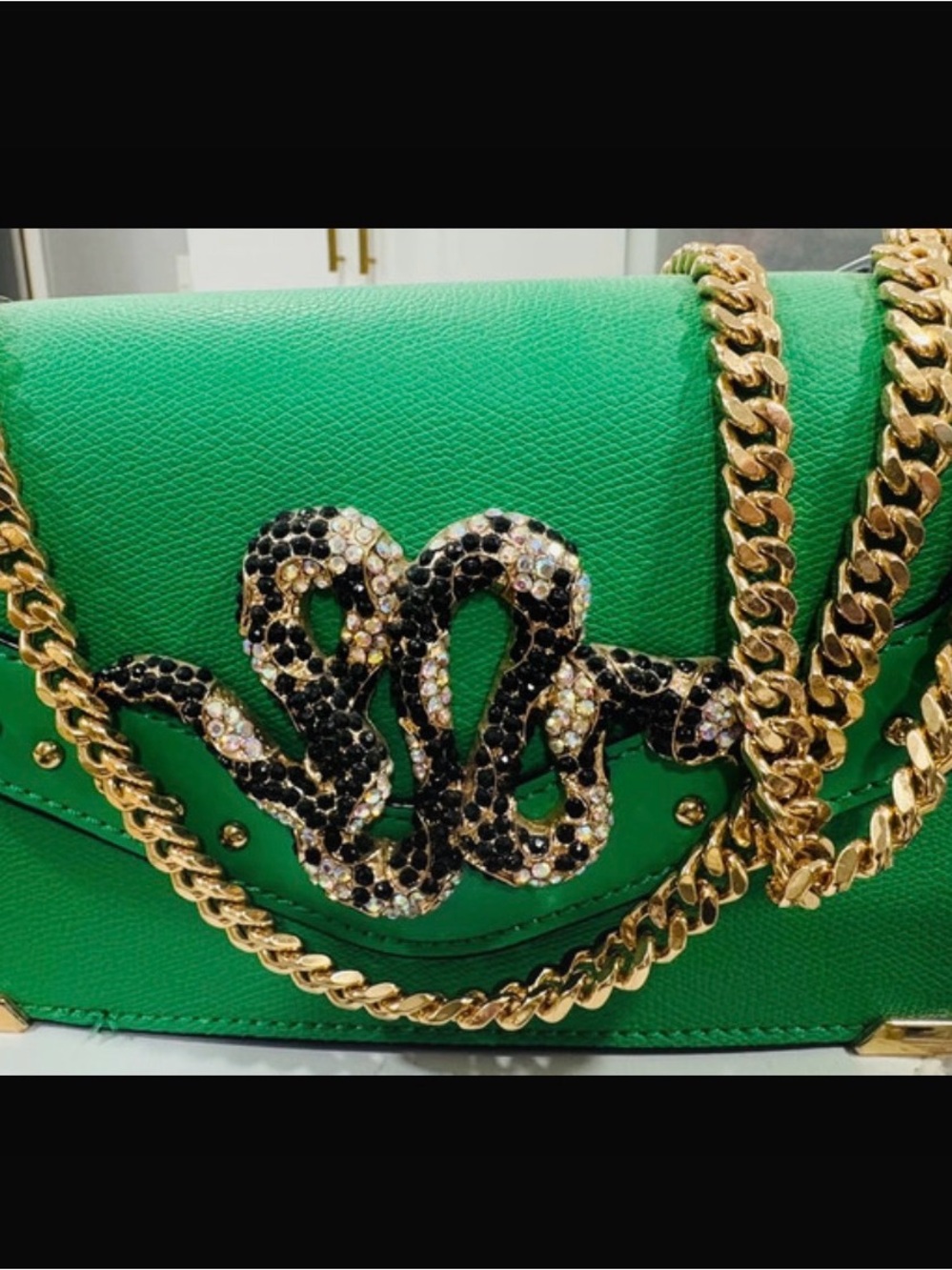 Aldo Green Crossbody Bag with Gold Chain and Crystal Snake Detail